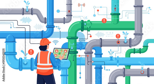 Smart Plumbing System Monitoring with Technician Using Tablet.