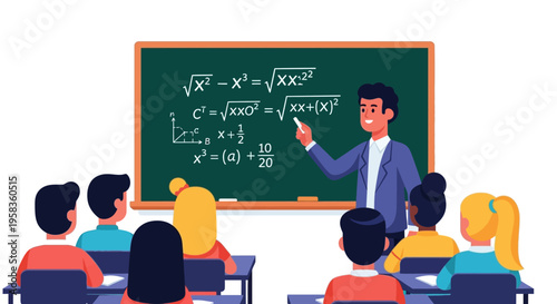 Teacher Explaining Math Equations to Students in Classroom.