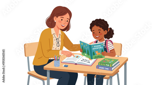 Teacher helping student with reading at desk.