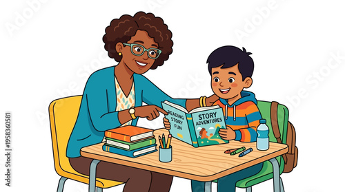 Teacher helping student with book at desk.