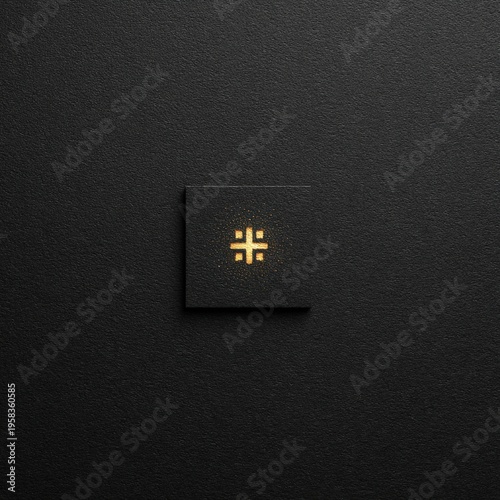 Minimalistic black square with golden symbol on textured background, emphasizing elegance