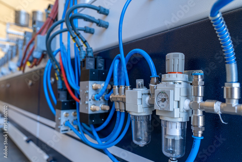 Foto Perspective View of Industrial Pneumatic Control Unit and Air Filters