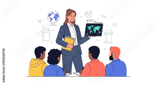 Teacher presenting world map on tablet to diverse students in classroom.