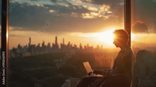 As the sun sets, a silhouette of a person works on a laptop, immersed in thoughts. The vibrant skyline of the city glows in warm hues, creating a serene atmosphere.
