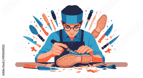 Skilled shoemaker meticulously crafting footwear with precision tools.
