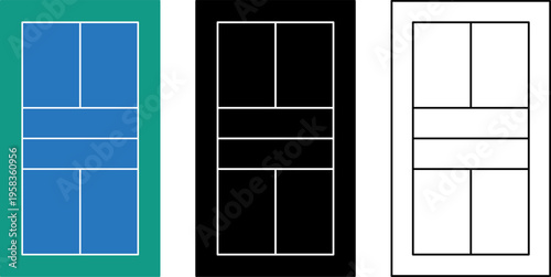 Minimal pickleball court set in outline, silhouette and flat color styles. Clean geometric sports field vector ideal for design, print, UI, and educational use.