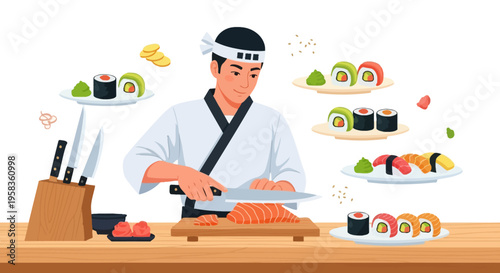 Skilled Sushi Chef Preparing Fresh Fish.