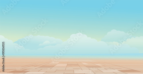 Daytime empty background with a tiled road stretching into the distance under a bright sky with clouds. Clean perspective composition.