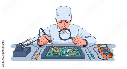 Skilled Technician Inspects Electronic Circuit Board with Magnifying Glass and Soldering Iron.