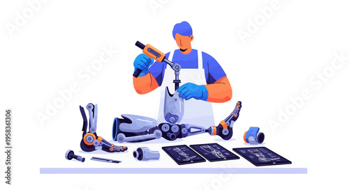 Skilled technician meticulously assembling advanced robotic prosthetic limb.