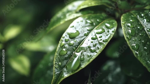 In a serene forest, vibrant green leaves catch glimmering rain droplets, creating a stunning display of natures beauty. The refreshing atmosphere invites peace and wonder.