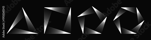 Collection of monochrome optical illusion geometric elements. Blend speed lines in triangle, rectangle, pentagon and hexagon form. Design element for logo, prints, template. Vector illustration