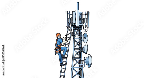 Technician climbing cell tower for maintenance and repair.
