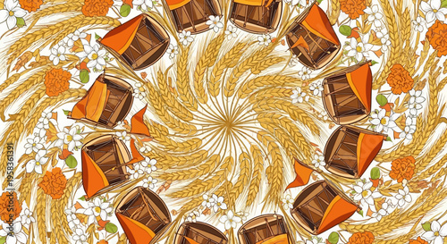 Abstract vector pattern with wheat ears, chamomile flowers, and brown barrels in a spiral arrangement