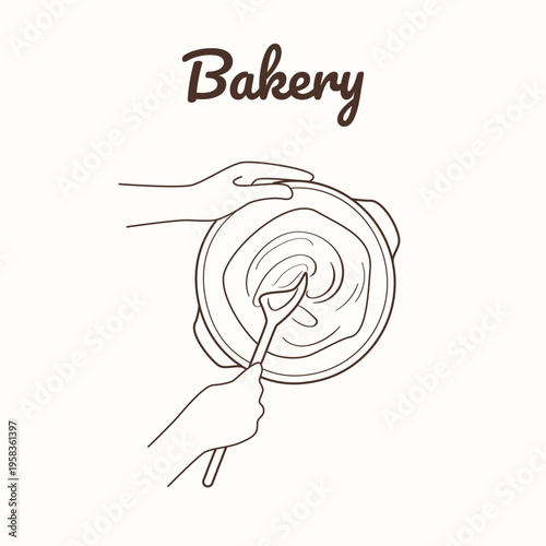 Bakery doodle mixing batter in bowl hand drawn baking illustration