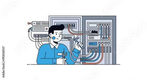 Technician working on complex server rack with tools.