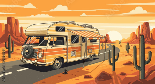 Vintage camper van driving through a desert landscape at sunset.