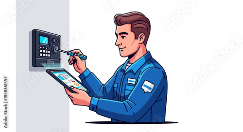 Technician working on control panel with tablet.