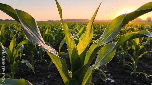 Special earth day: golden sunrise on dew-kissed corn plants in a vibrant green agricultural field.