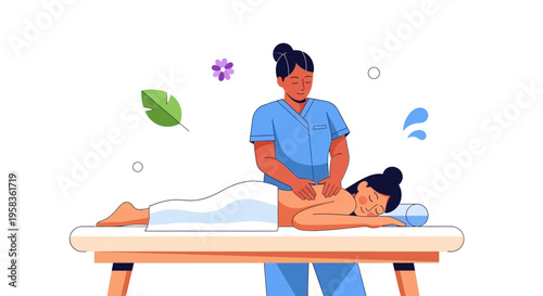Therapist giving massage to a woman on a massage table.
