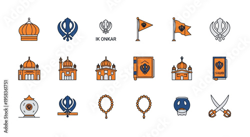 Set of 18 Sikhism religion and culture vector icons with orange and blue accents, flat line style