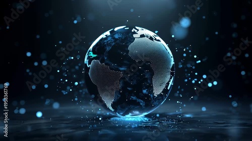 Glowing lines and vibrant particles swirl around a shimmering globe, representing our digital age. This captivating display invites viewers to reflect on technology and its impact.