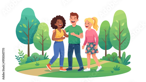 Three diverse friends laughing and walking together outdoors.