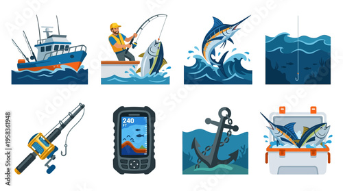 Vector graphics of fishing boats and gear in action on waves with dolphins.