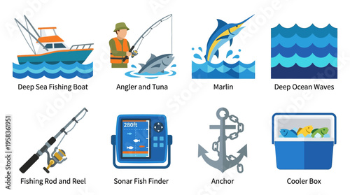 Vector illustration of a deep sea fishing scene with a boat, angler, tuna, marlin, and various fishing gear and equipment.