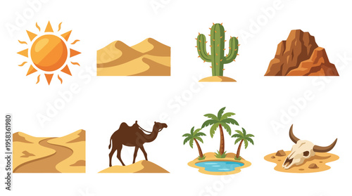 A vector illustration of desert landscape with camel, cactus, and palm trees under sunny sky with mountains and sandy dunes.