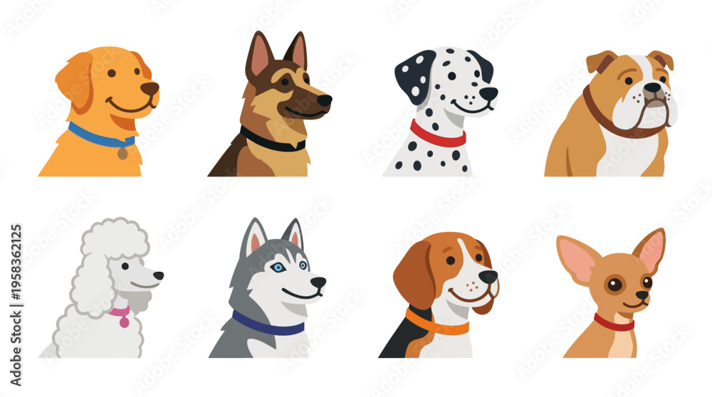 Obraz premium Vector illustrations of eight distinct dog breeds in a single row showcasing their unique features and expressions.