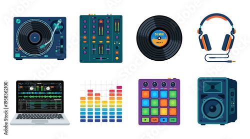 Music producer working with vector DJ equipment and laptop in studio