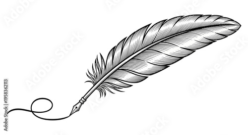 Vintage Quill Pen Drawing with Ink Swirl.