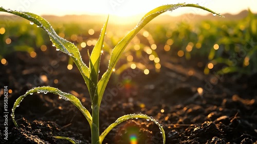 A young corn plant with glistening water droplets grows in a golden-lit field at sunset, celebrating special earth day.