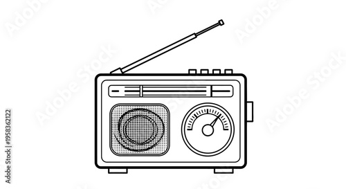 Vintage radio with antenna and tuning dial illustration.