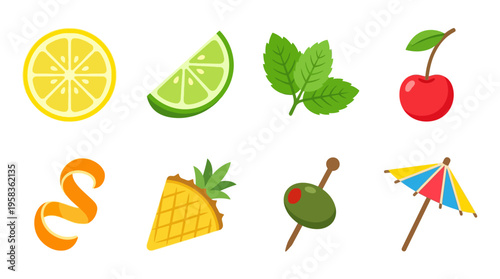 A vector illustration of various colorful summer fruits and food items arranged with a beach umbrella on a sunny day.