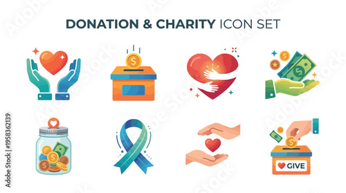 Donation charity icons set with vector graphics of heart hands money and ribbon