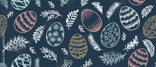 Hand-Drawn Easter Eggs and Botanical Seamless Pattern