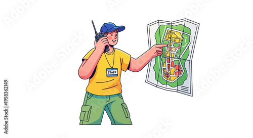 Tour Guide Holding Map and Radio Communicator.