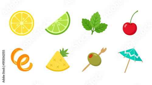 A vibrant vector illustration of a fruit platter with various colorful foods and drinks on a table setting with tropical leaves.