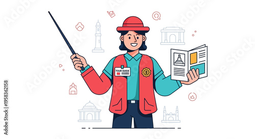 Tour Guide Holding Pointer and Brochure with Buildings in Background.