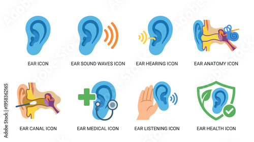 Vector illustrations of various ear icons depicting hearing, anatomy, and health in a medical context with sound waves and a stethoscope.