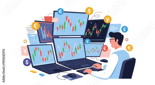 Trader analyzing stock market charts on multiple computer screens.