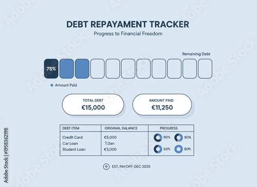 A debt repayment tracker displays progress to financial freedom with charts and statistics