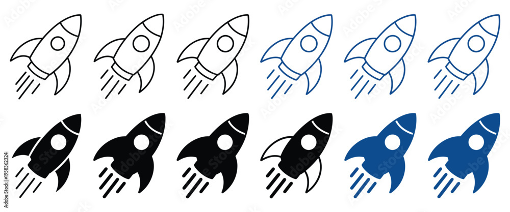 Fototapeta premium Rocket icon vector minimal, launch startup sign with black and blue outline rocket illustration, spaceship symbol for business concept, startup launch design