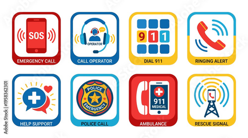 Emergency services icons set with vector graphics of SOS call operator, 911, ambulance, and rescue team on mobile devices for help support.