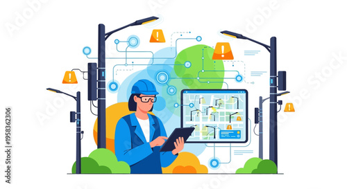 Smart City Engineer Managing Streetlight Network Technology.