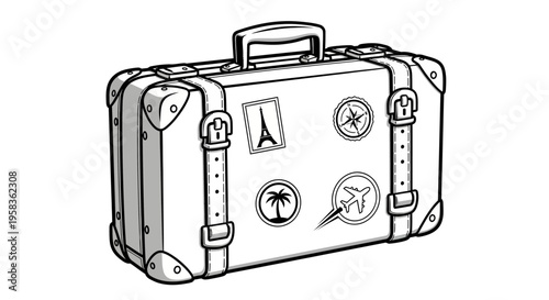 Vintage suitcase with travel stickers illustration.