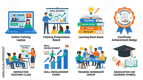 Online training sessions and skill development workshops with vector illustrations of learning materials and people in a modern educational environment.