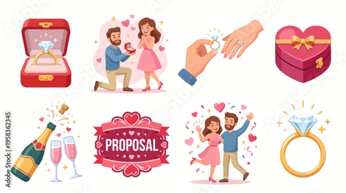 A romantic vector illustration of a man proposing to a woman with a ring, surrounded by hearts and champagne, celebrating love and engagement in a joyful moment.